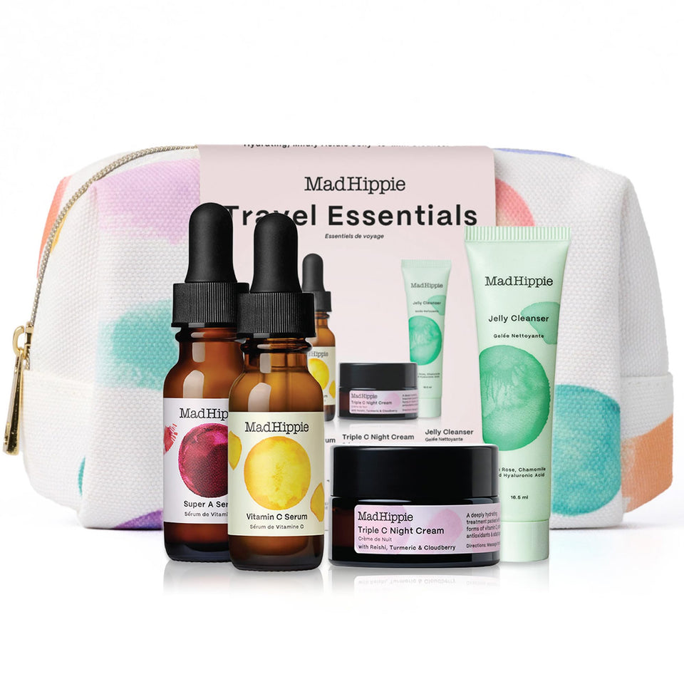 Mad Hippie Travel Essentials Bag shows eco-friendly packaging for skincare on the go.