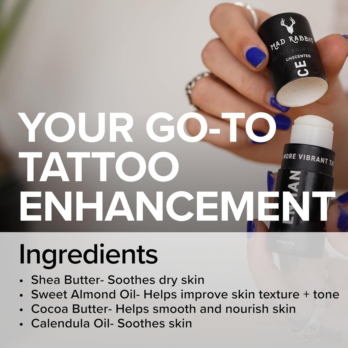 Close-up of Mad Rabbit Enhance Tattoo Balm Stick showing rich texture for soothing hydration.