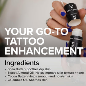 Close-up of Mad Rabbit Enhance Tattoo Balm Stick showing rich texture for soothing hydration.