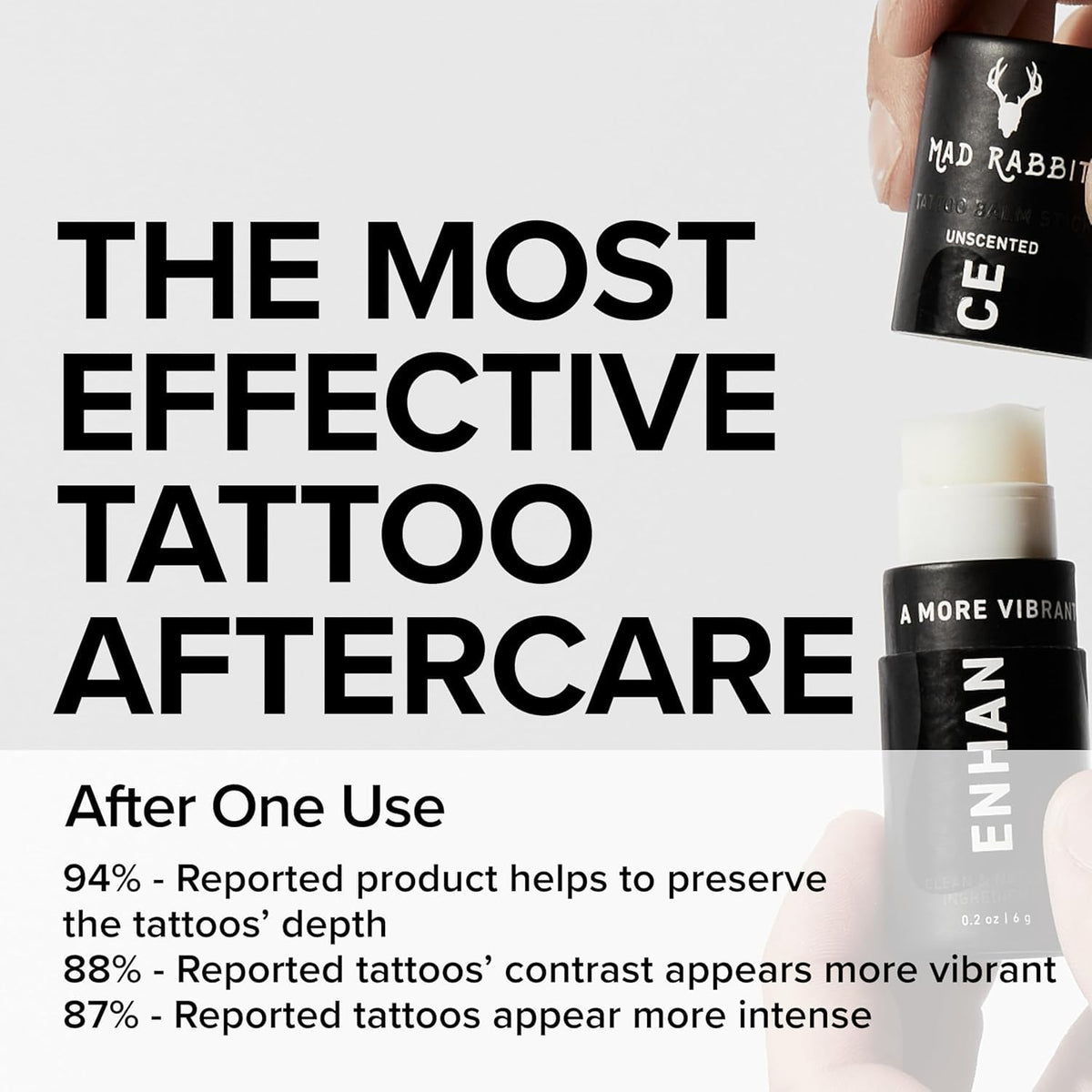 Mad Rabbit Enhance Tattoo Balm Stick used for new tattoo care, locking in moisture.
