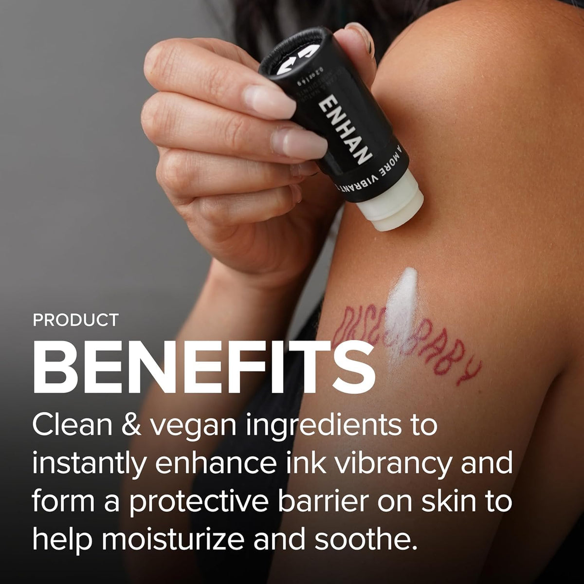Mad Rabbit Enhance Tattoo Balm Stick packaging highlighting clean ingredients for gentle care.
