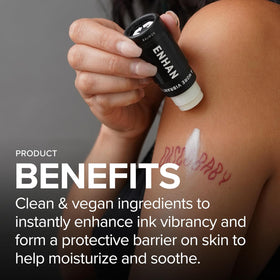Mad Rabbit Enhance Tattoo Balm Stick packaging highlighting clean ingredients for gentle care.
