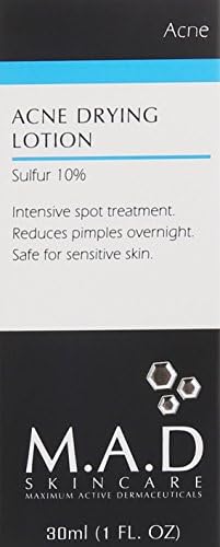 M.A.D Skincare Acne Drying Lotion closeup reveals gel-cream texture for targeted spot care.