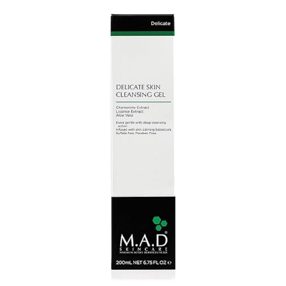 M.A.D Skincare Delicate Skin Cleansing Gel close-up showing light, soothing formula.