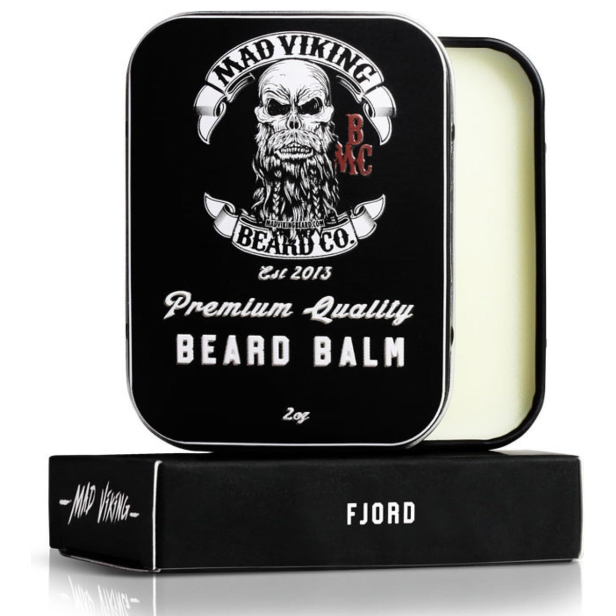 MAD VIKING BEARD CO. Fjord Beard Balm bottle showing easy, non-greasy application for daily grooming.