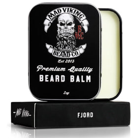 MAD VIKING BEARD CO. Fjord Beard Balm bottle showing easy, non-greasy application for daily grooming.