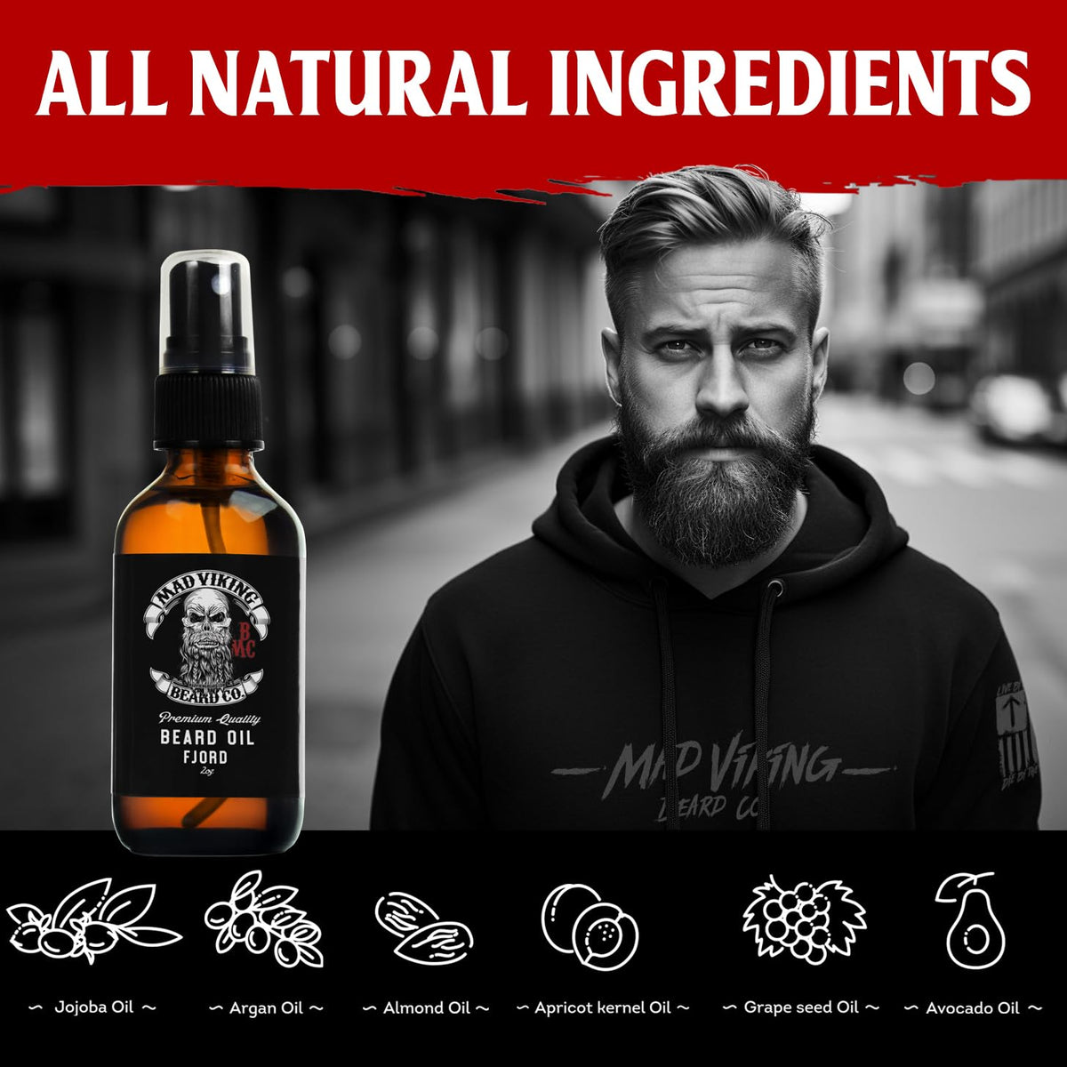 Mad Viking Fjord Beard Oil drops glistening; nourishing the skin beneath