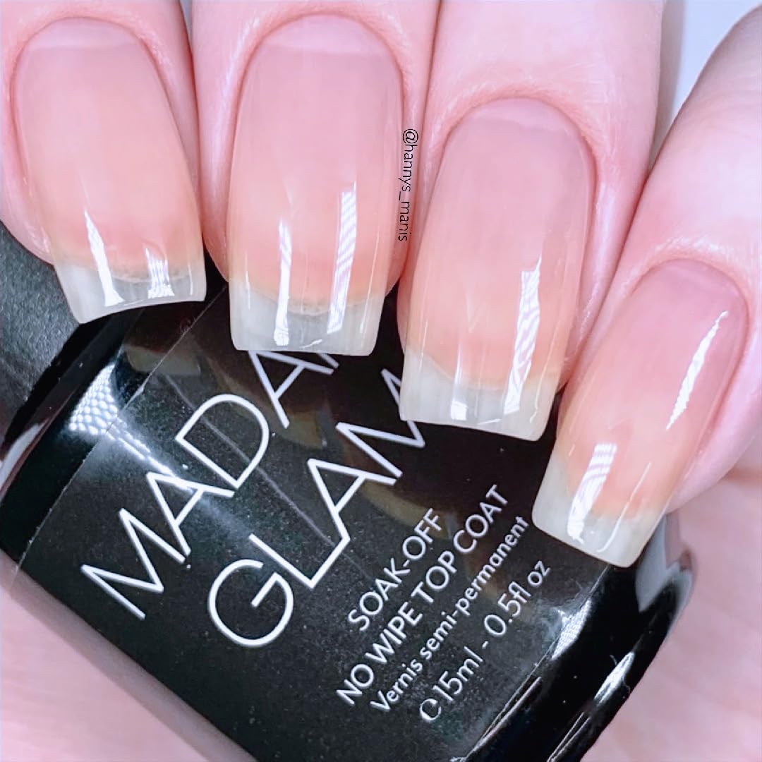 Madam Glam No Wipe Top Coat bottle close-up highlights rich gloss.