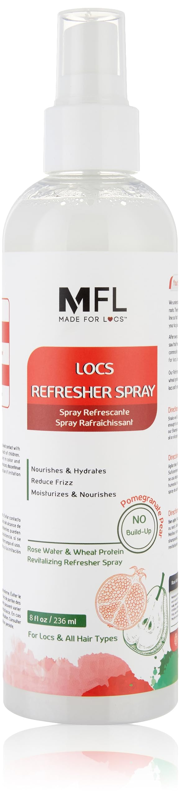 MFL Made For Locs Rose Water Refresher Spray bottle hydrates locs with a refreshing scent.
