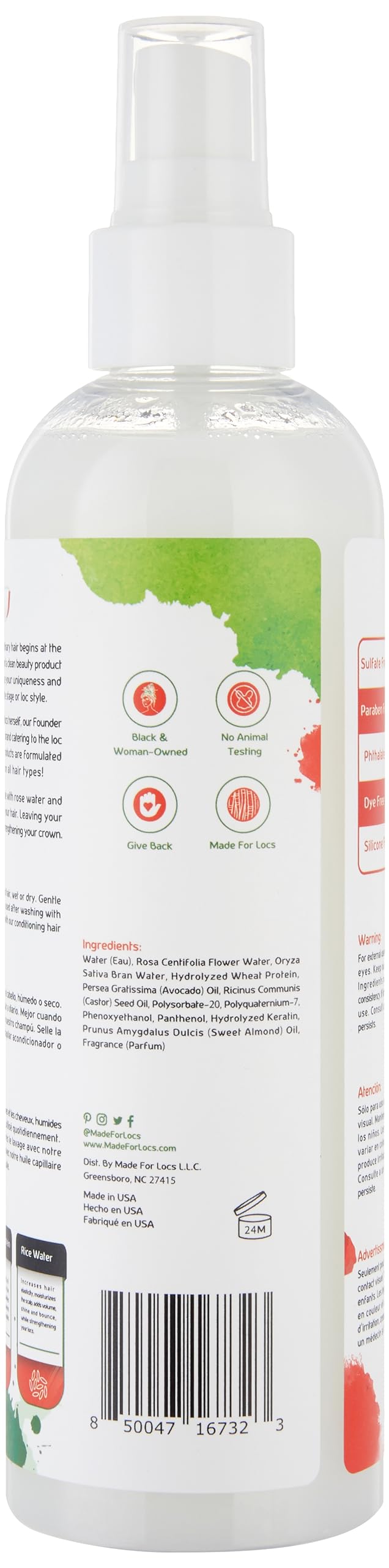 MFL Made For Locs Rose Water Refresher Spray shows rose water and rice water nourishing locs.