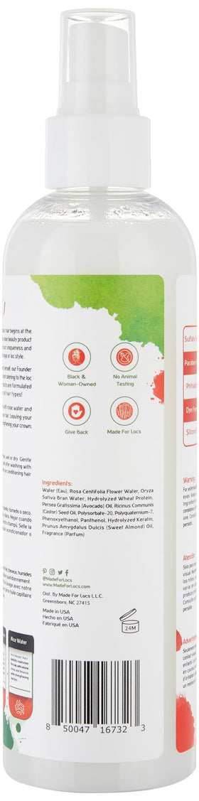 MFL Made For Locs Rose Water Refresher Spray shows rose water and rice water nourishing locs.