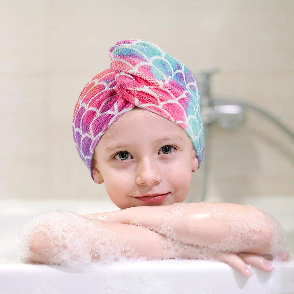 MADHOLLY mermaid-tail towel wrapped by child after bath for magical feel.