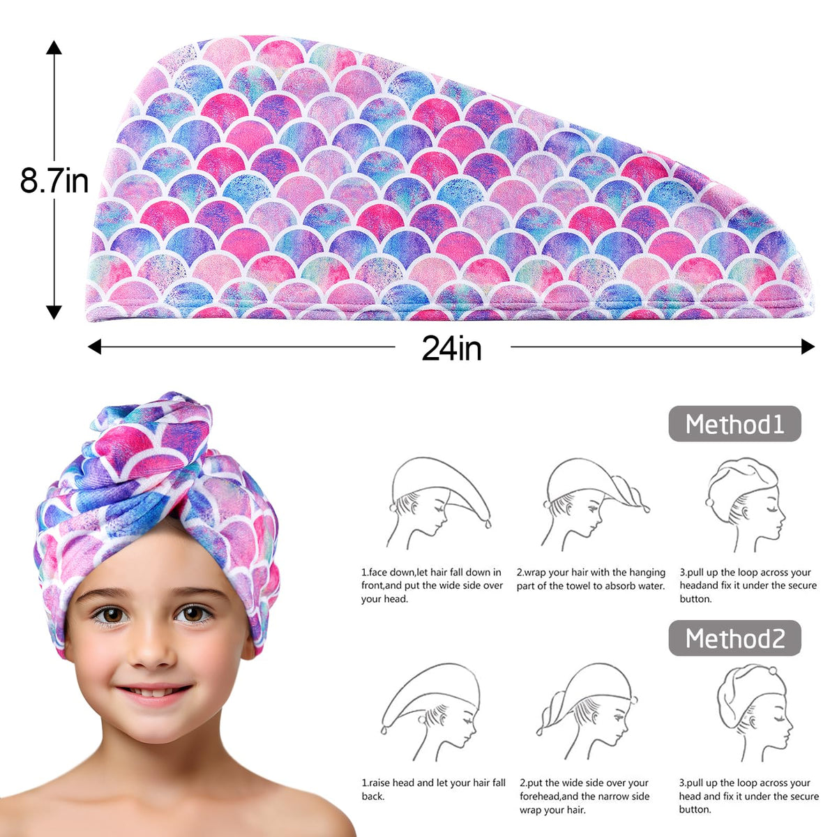 MADHOLLY mermaid-tail pattern adds magical bath-time appeal for girls.