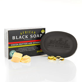 Madina African Black Soap Bar with cocoa butter delivers deep hydration for smooth skin after washing