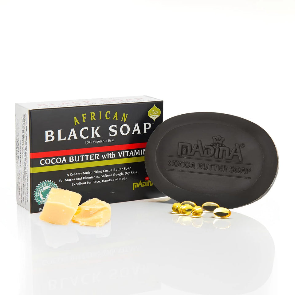 Madina African Black Soap Bar with cocoa butter delivers deep hydration for smooth skin after washing