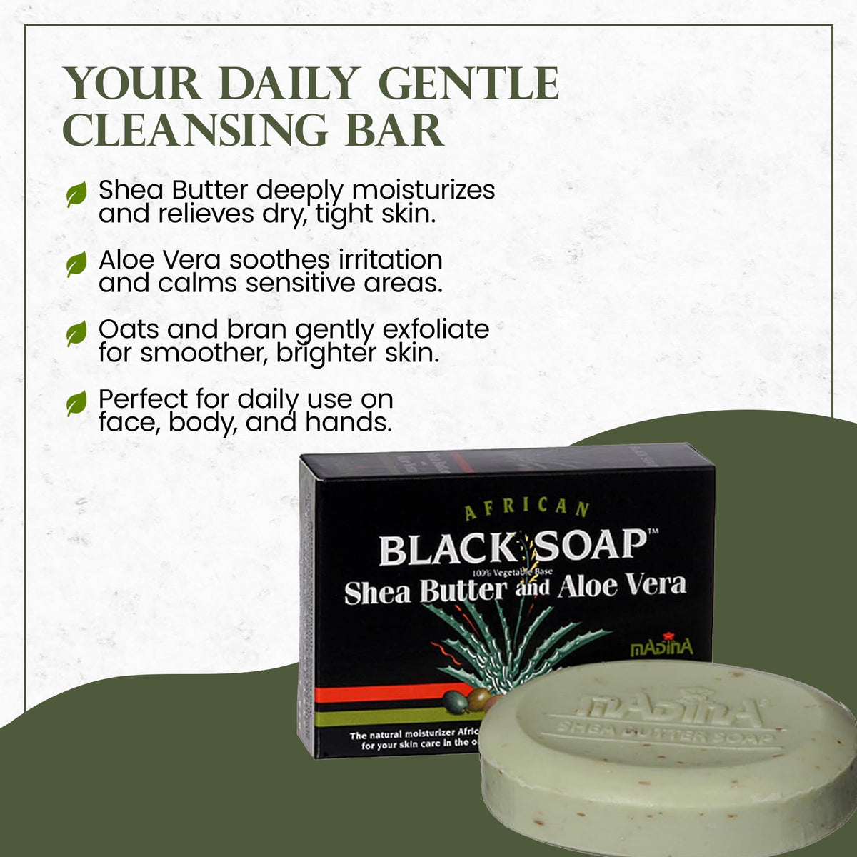 Madina African Black Soap Bar lather on hand demonstrating mild cleansing for all skin types