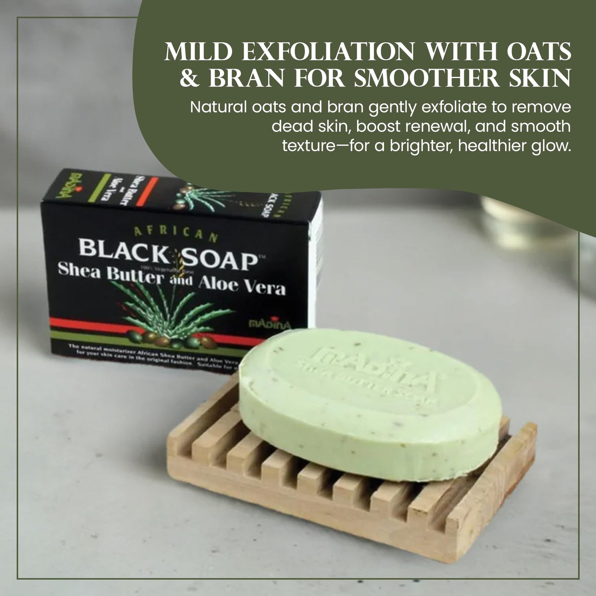 Madina African Black Soap Bar oats and bran texture for gentle exfoliation