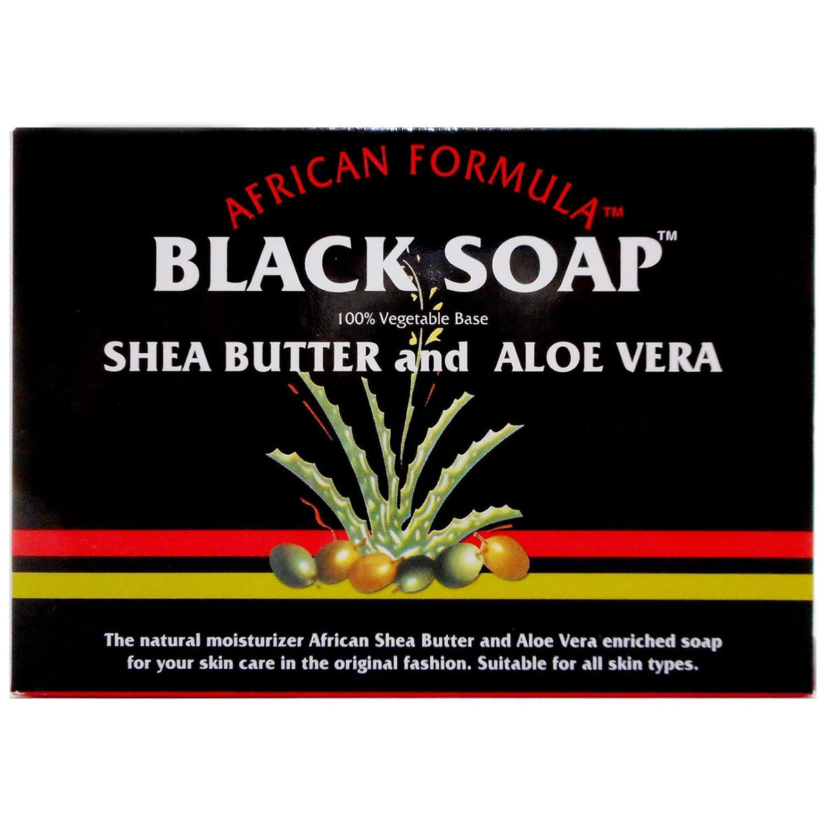 Madina African Black Soap bar with shea butter and aloe vera for daily hydration.