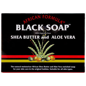 Madina African Black Soap bar with shea butter and aloe vera for daily hydration.