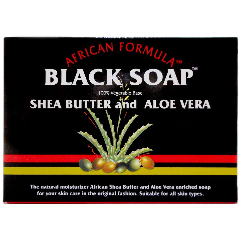 Madina African Black Soap bar with shea butter and aloe vera for daily hydration.