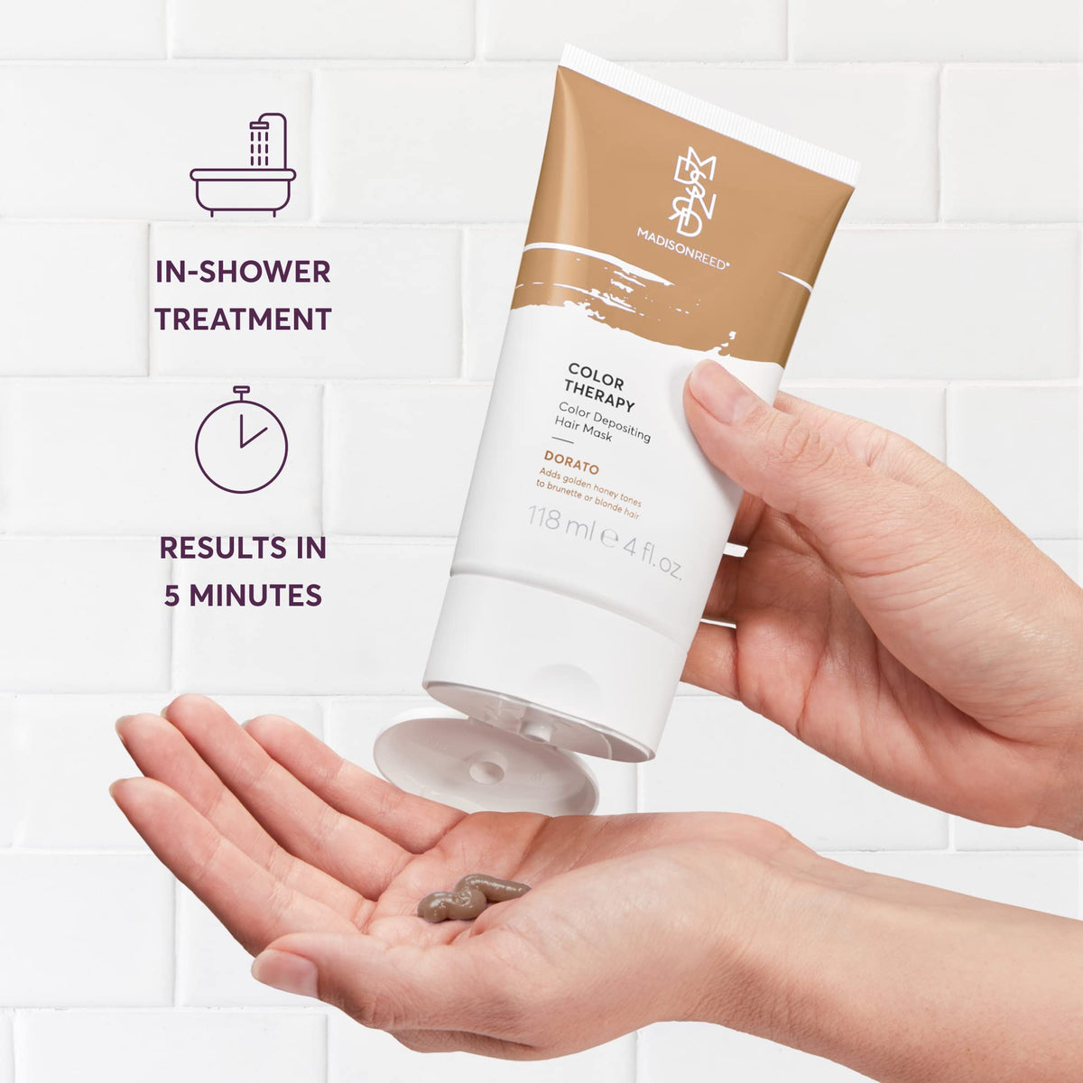 The Madison Reed Color Therapy Dorato Golden Blonde hair-application shot demonstrates easy in-shower use.