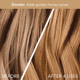 The Madison Reed Color Therapy Dorato Golden Blonde liquid-drizzle on hair suggests immediate tone refresh.
