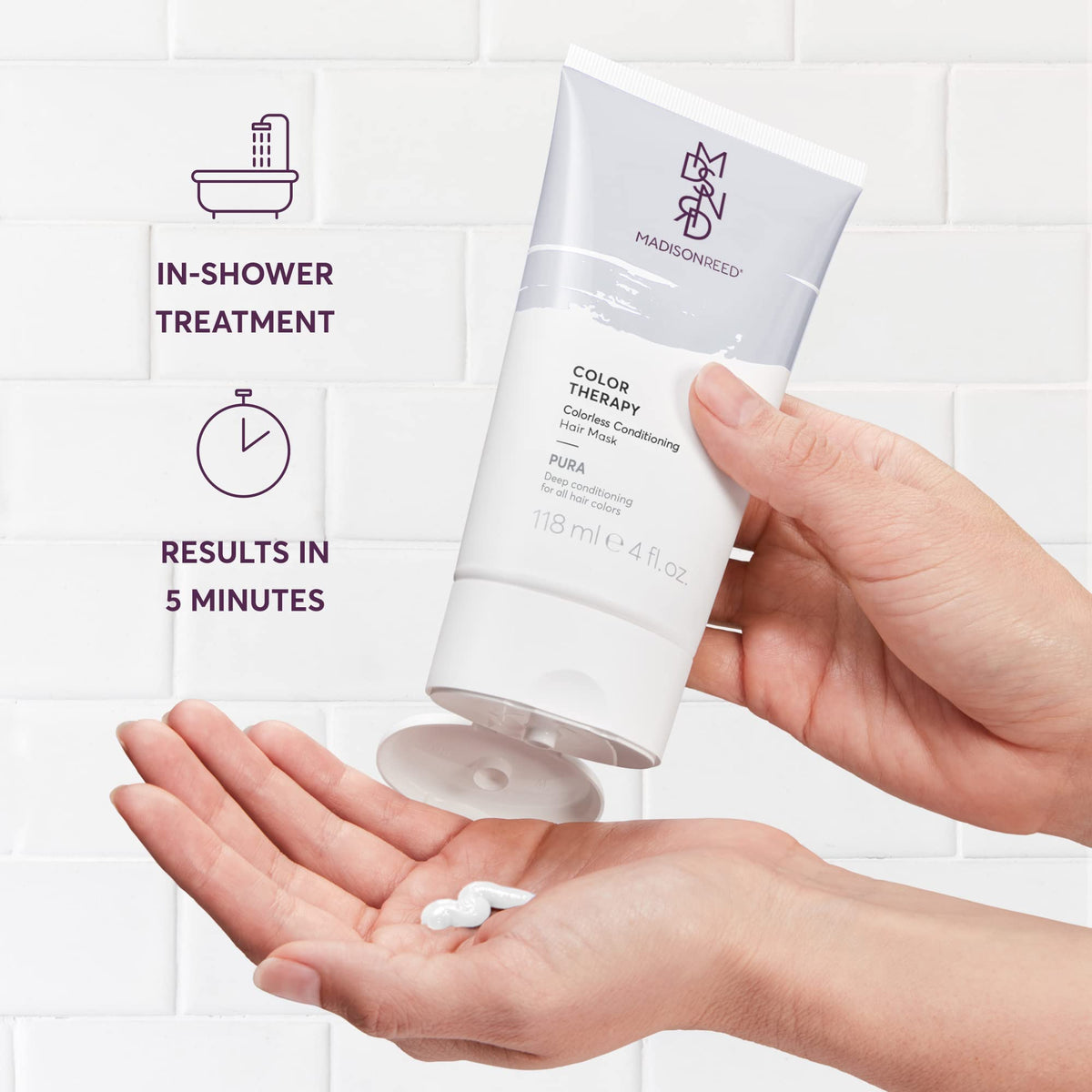 Madison Reed Color Therapy Pura massaging into hair for five-minute treatment.