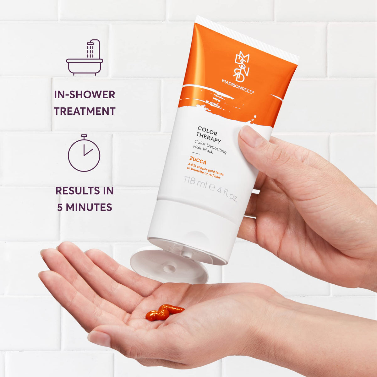 Madison Reed Color Therapy Zucca Copper tube packaging highlights color-depositing benefits.
