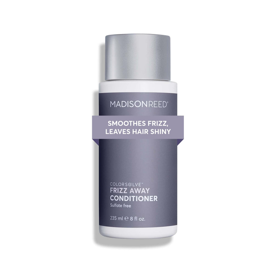Madison Reed ColorSolve Frizz Away Conditioner bottle highlighting color protection and frizz control.