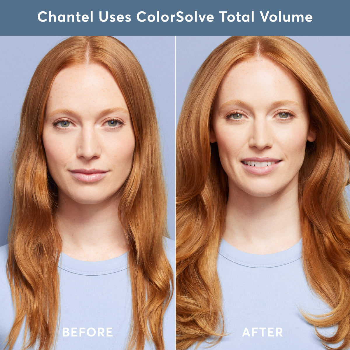 Shiny, healthy-looking hair after using ColorSolve Total Volume Conditioner.
