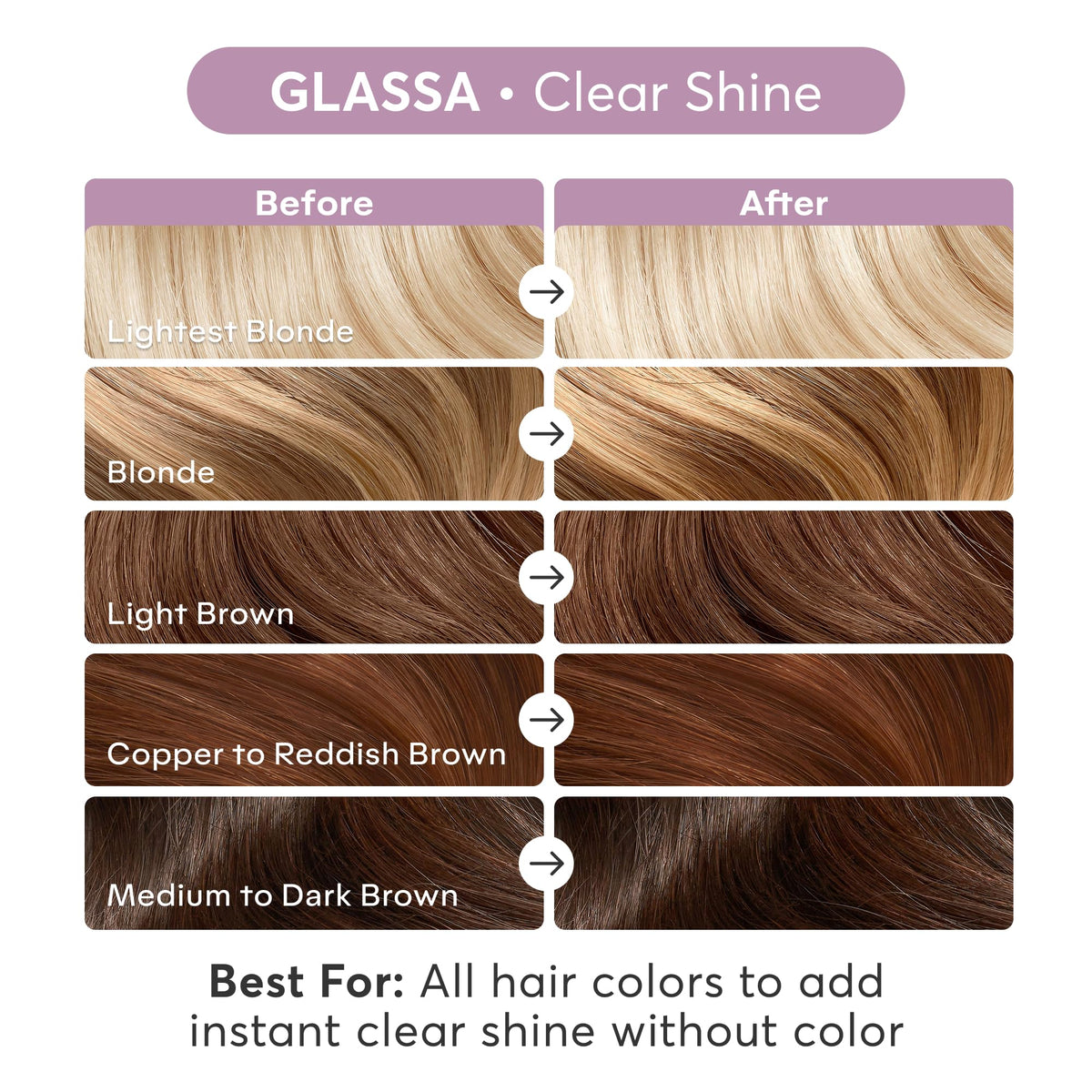 Hair after Glassa Clear treatment shows smooth, glossy finish
