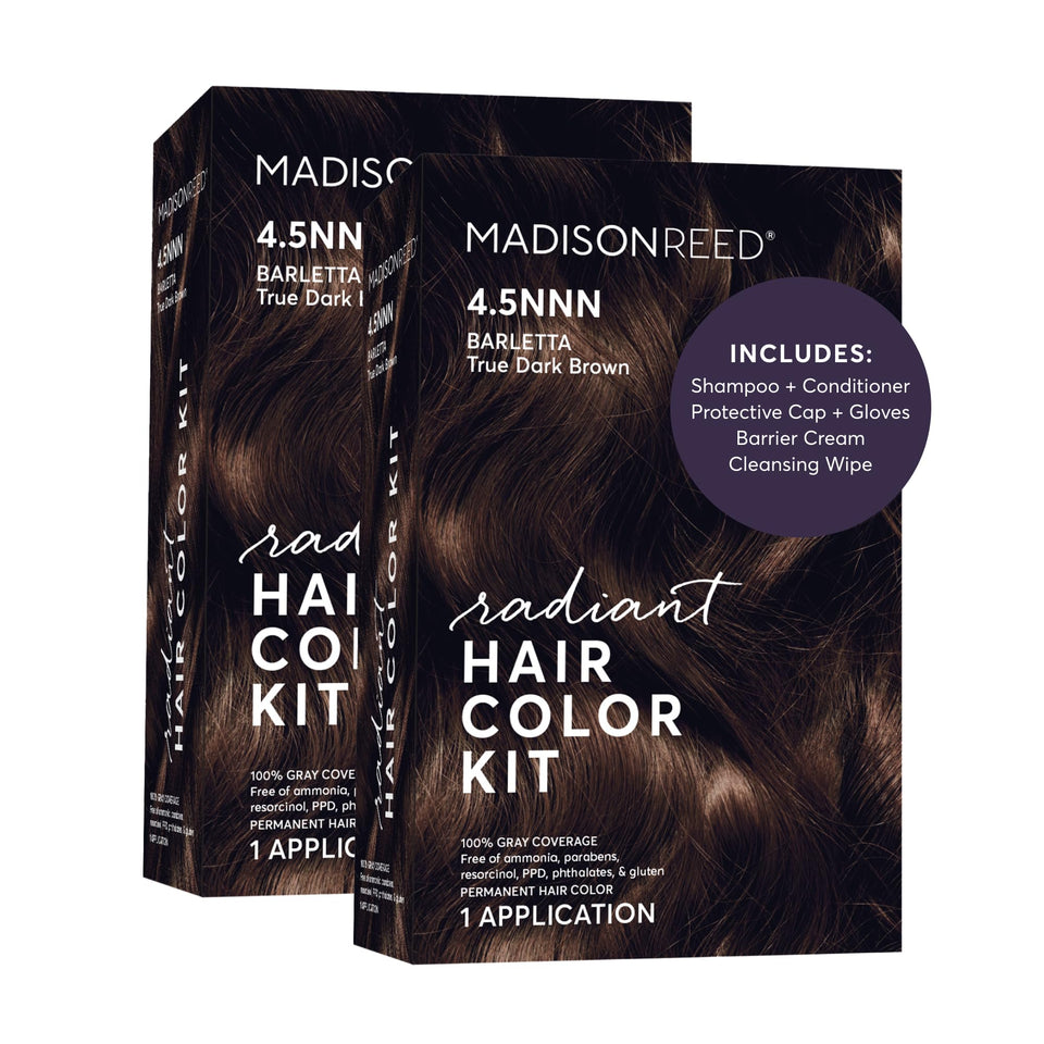 Madison Reed Radiant Color Barletta Brown 4.5NNN packaging showcases at home gray coverage options