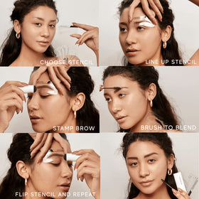 MADLUVV Brow stencil application process shows easy stamp alignment.