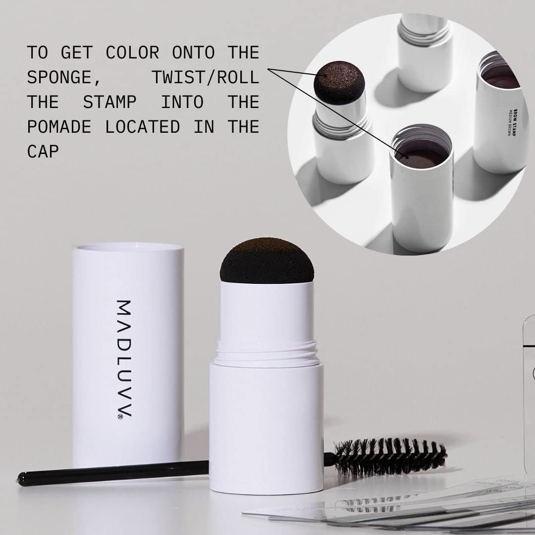 MADLUVV Brow Stamp pigment cap releases color for sparse areas.