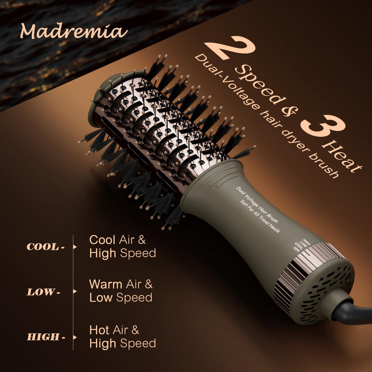 Madremía 4-in-1 styling tool for versatile dry, straighten, curl on the move.