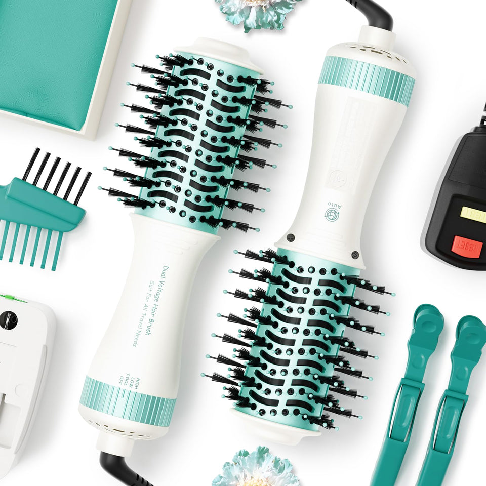 Madremía dual voltage travel hair dryer brush front view, compact design for international trips.