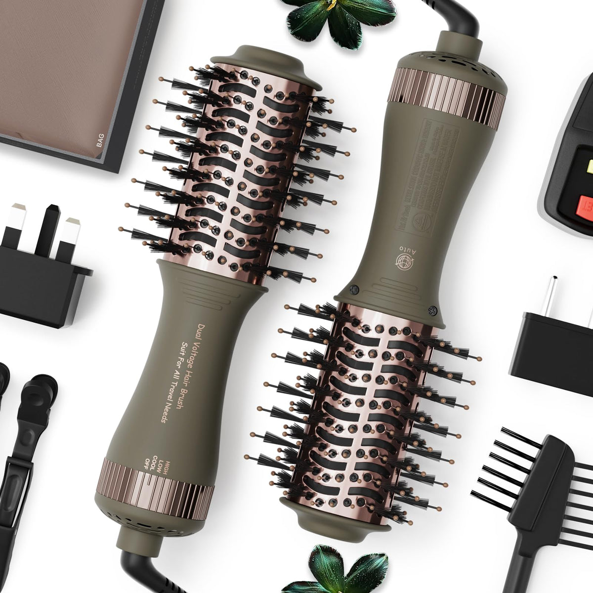Madremía travel dual voltage hair dryer brush compact for worldwide styling.