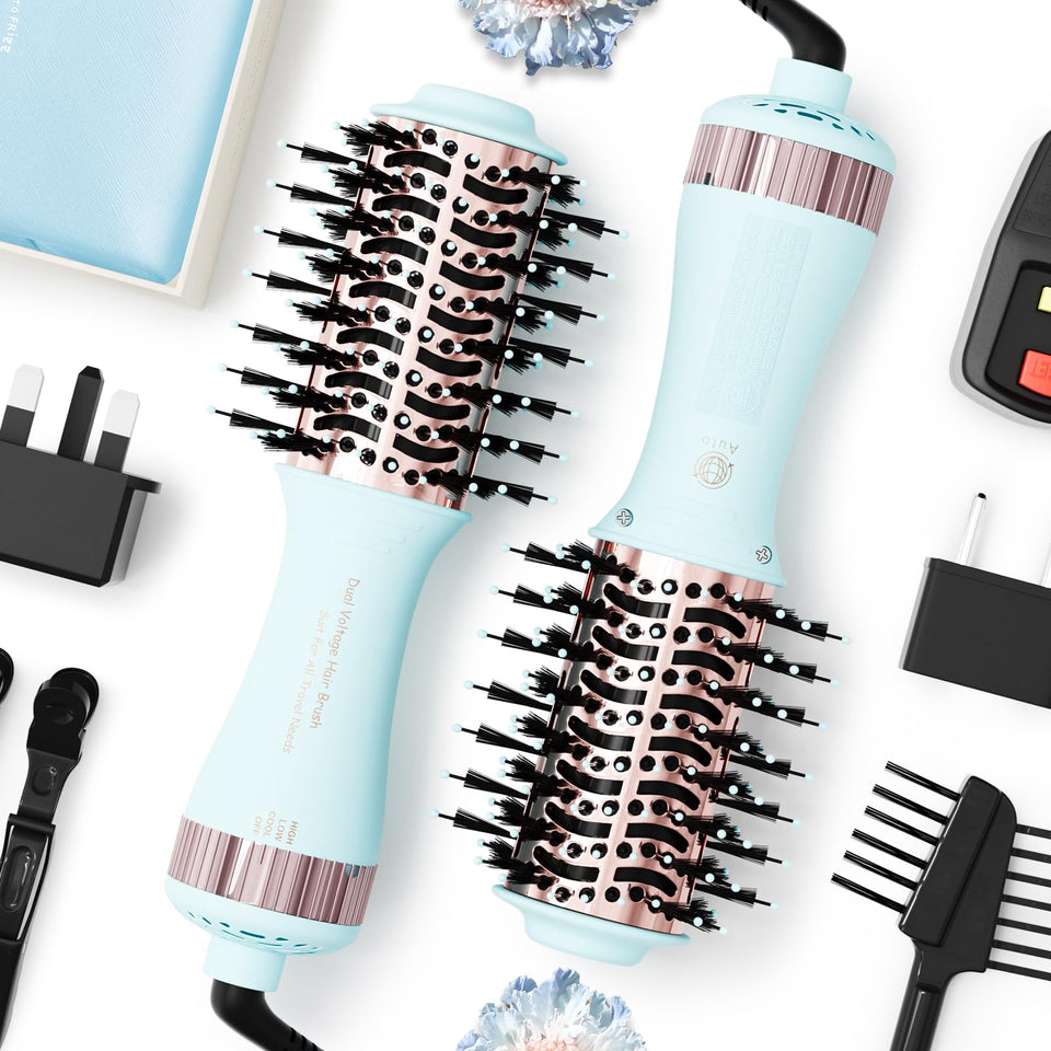 Madremía Travel Dual Voltage Hair Dryer Brush compact and travel-ready.