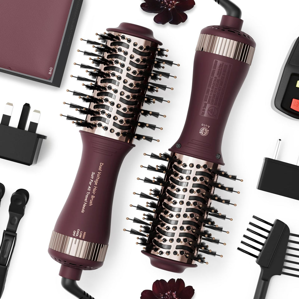 Madremía Travel Dual Voltage Hair Dryer Brush compact for quick on-the-go styling.
