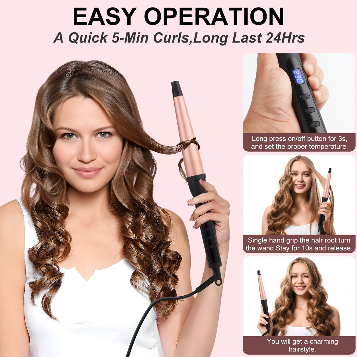 MADURIAO curling wand shows ceramic heat distribution for even styling.
