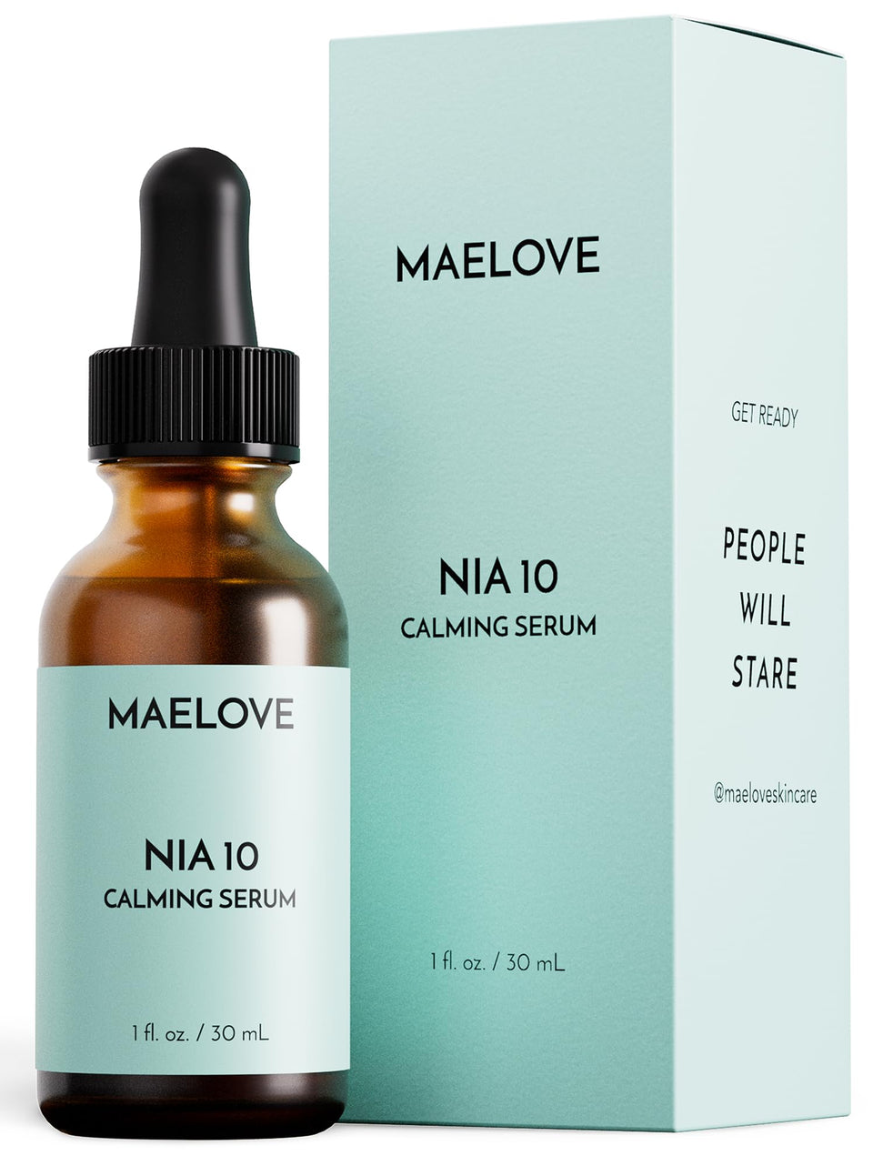 MAELOVE NIA 10 serum bottle showcases a calming formula for sensitive skin.