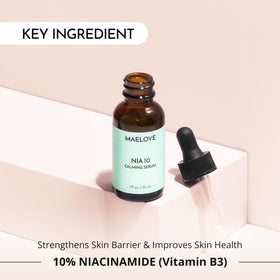 Close-up of ingredients highlighting 10% niacinamide for barrier support.