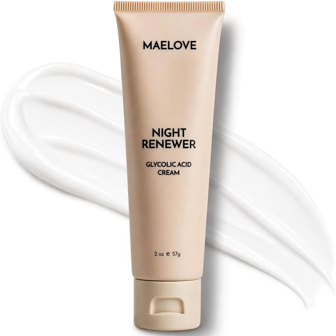 MAELOVE Night Renewer cream jar shows gentle exfoliation and overnight hydration.
