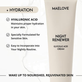 Packaging for MAELOVE Night Renewer emphasizes unscented design and potency.