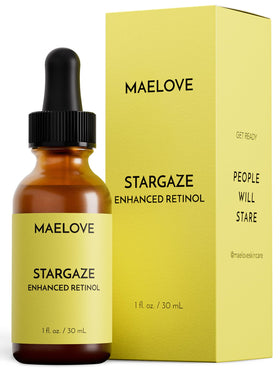 MAELOVE Stargaze serum bottle on dresser, gentle retinol for sensitive skin nightly routine.