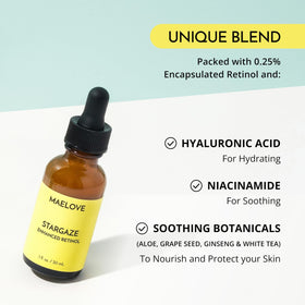 MAELOVE Stargaze label close-up, niacinamide and hyaluronic acid for calm, hydrated skin.