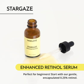 MAELOVE Stargaze enhanced retinol serum pump closeup, time-release hydration and soothing botanicals.