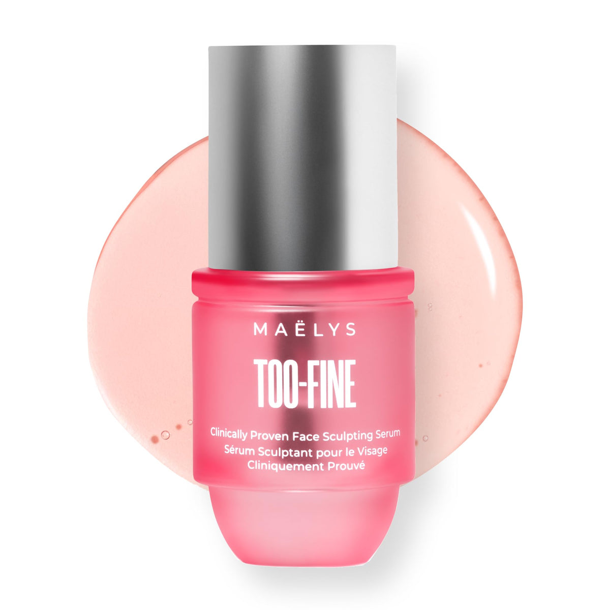 Maelys Too-Fine firming serum bottle pour showing lift for jawline and cheeks.
