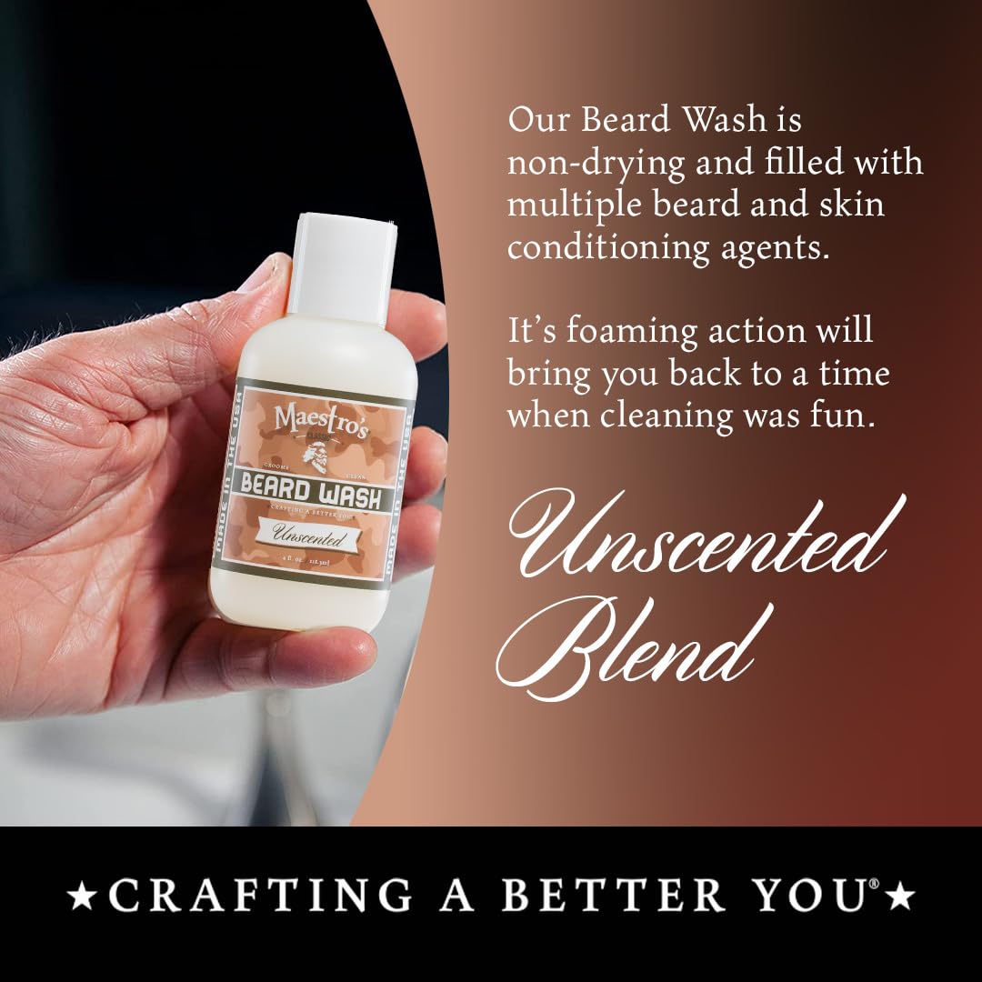 Maestro's Classic Beard Wash application close-up shows rich lather for easier care.