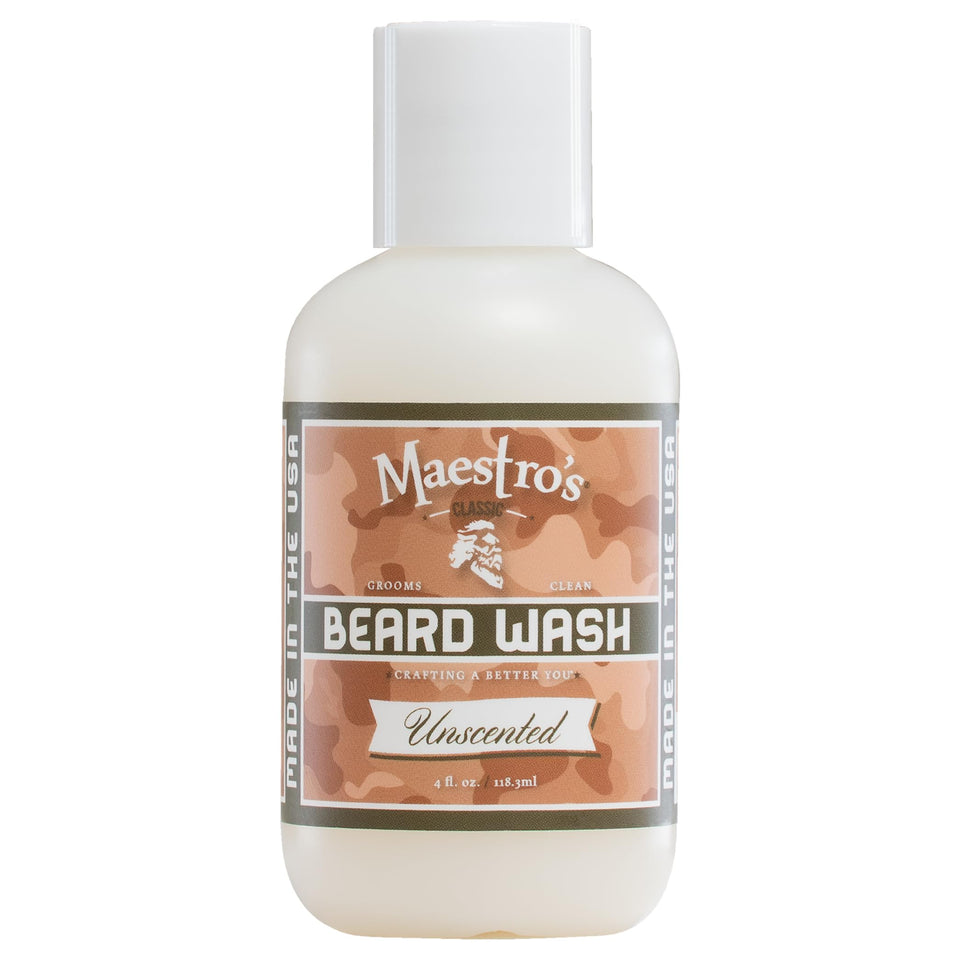 Maestro's Classic Beard Wash bottle, unscented, for gentle cleansing and beard softness.